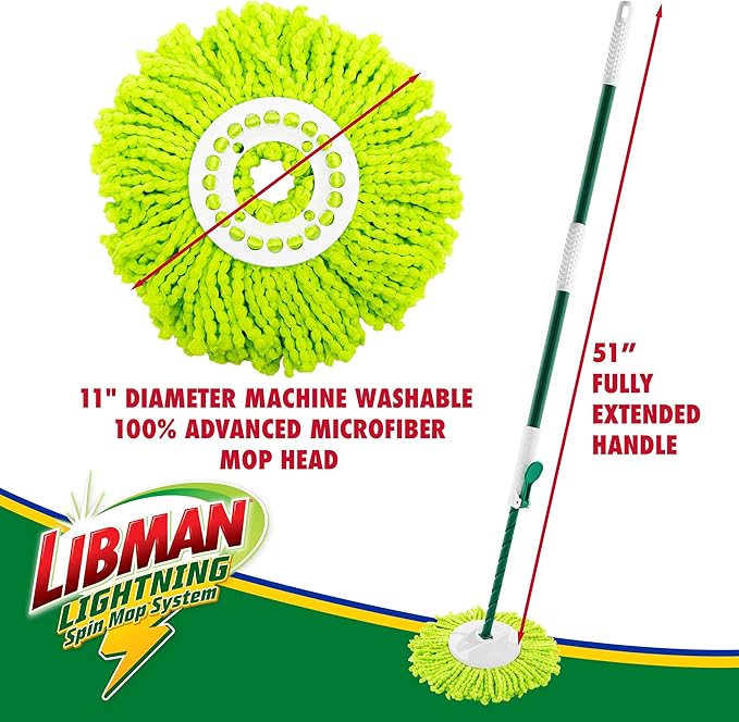 Libman Lightning Spin Mop System Plus 1 Refill Head | Mop and Bucket with Wringer Set | Floor Mop | Spin Mop | Libman Mop | Mops for Floor Cleaning | Hardwood Floor Mop | 2 Total Mop Heads Included