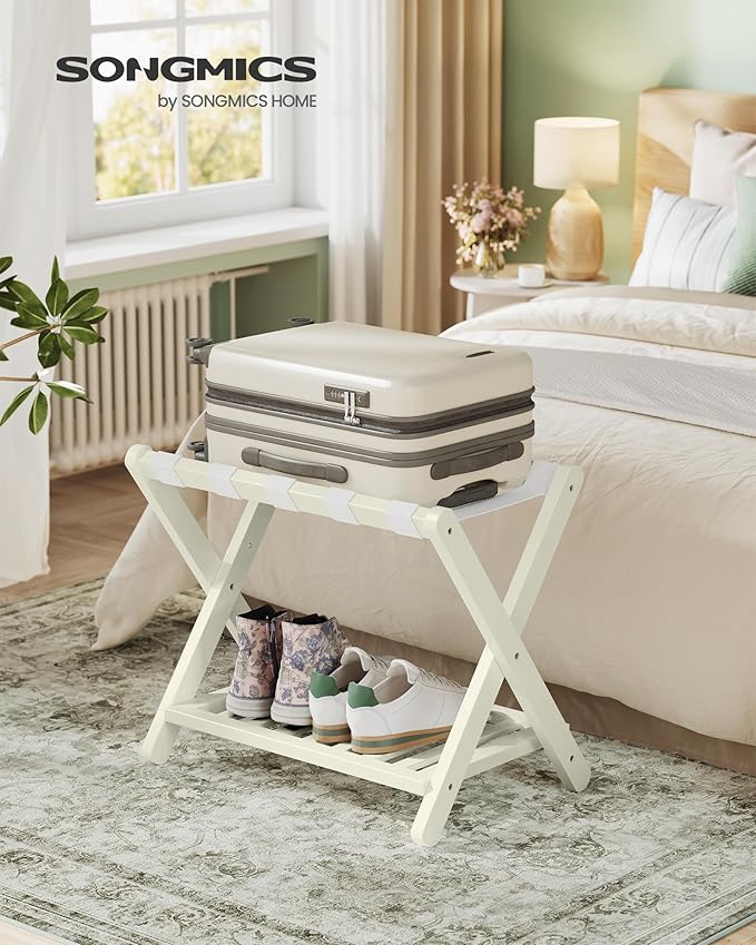 SONGMICS Solid Wood Luggage Rack, No Assembly Required, Foldable Suitcase Stand, Luggage Holder, with Storage Shelf, for Guest Room, Hotel, Bedroom, Cream White URLR020WZ02S