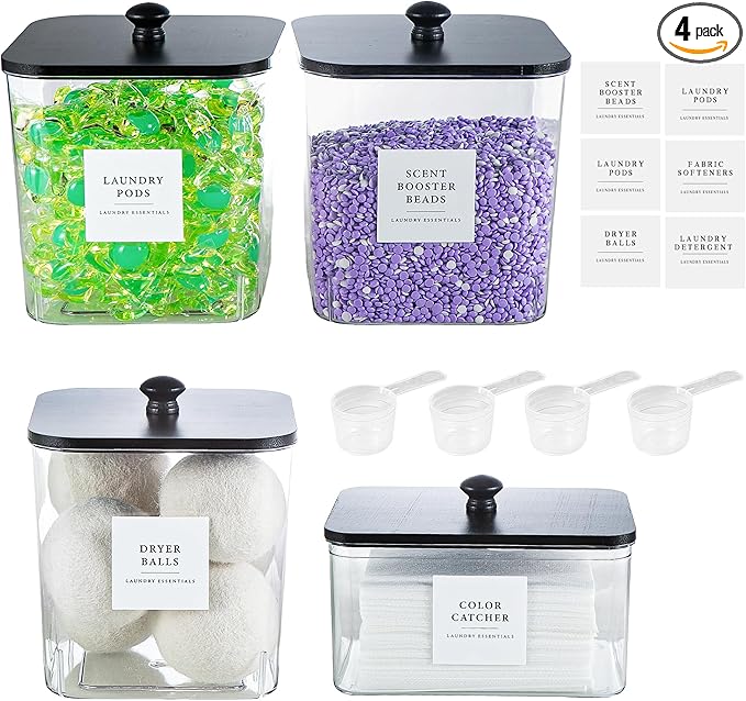Laundry Room Organization Container, 4pcs Acrylic Laundry Pod Storage Containers, Black Dryer Sheet Holder Jars with Bamboo Lids and Labels for Scent Booster Powder Detergent Pods Storage