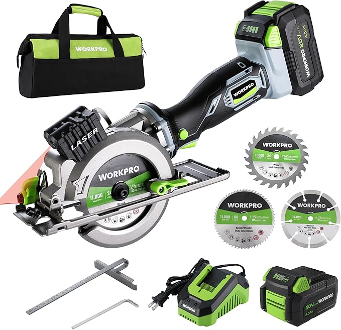 WORKPRO 20V Cordless Mini Circular Saw, 4-1/2" Compact Wireless Circular Saw 4.0Ah Battery, Fast Charger, 3 Blades, 4500RPM, Laser Guide, Max Cutting Depth 1-11/16"(90°), 1-1/8"(45°)