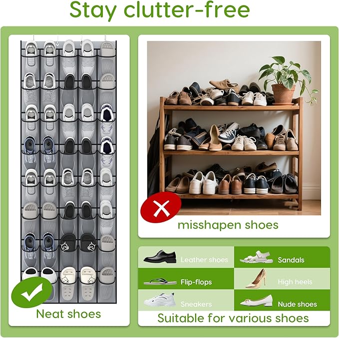 Unjumbly Over the Door Shoe Organizer with 40 Large Breathable Mesh Pockets, Space Saving Shoe Holder, Hanging Shoe Rack for Entryway Bedroom Closet Storage (Grey, 40 Pockets)