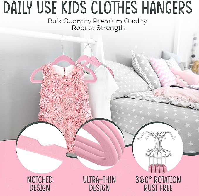 TechZoo 25 Premium Kids Velvet Hangers - 14" Non-Slip Clothes Hangers for Kids & Preteens - Ultra Slim, Space-Saving, Strong & Durable Hangers with 360° Swivel Hook - Pink