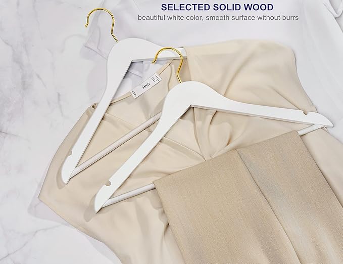 Amber Home 30 Pack White Wooden Coat Hangers with Gold Hook, White Wood Suit Hangers with Non-Slip Pant Bar, Clothes Hangers for Closet Organization, Shirts, Jackets, Dresses and Pants (White+Gold,30)