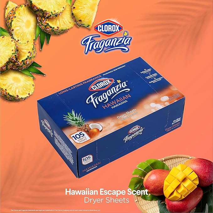 Clorox Fraganzia Fabric Softener Dryer Sheets, Wrinkle Reducing and Anti Static Laundry Dryer Sheets for Great Smelling Clothes, Softens Fabrics, Hawaiian Escape Scent, 105 Count - 6 Pack