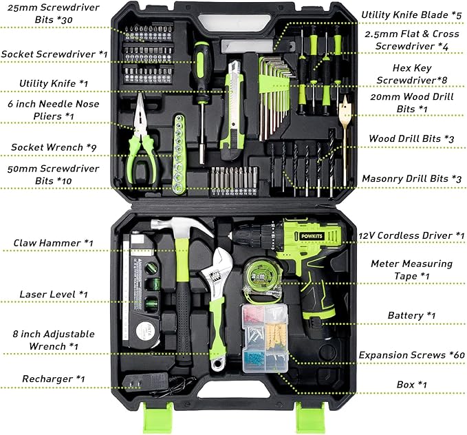 Cordless Drill: 12V Power Drill Set with Lithium Battery, 142-Piece Electric Tools Set with 3/8" Keyless Chuck, Portable Household Basic Tool Kit with Tool Box & Laser Level for Home, Green