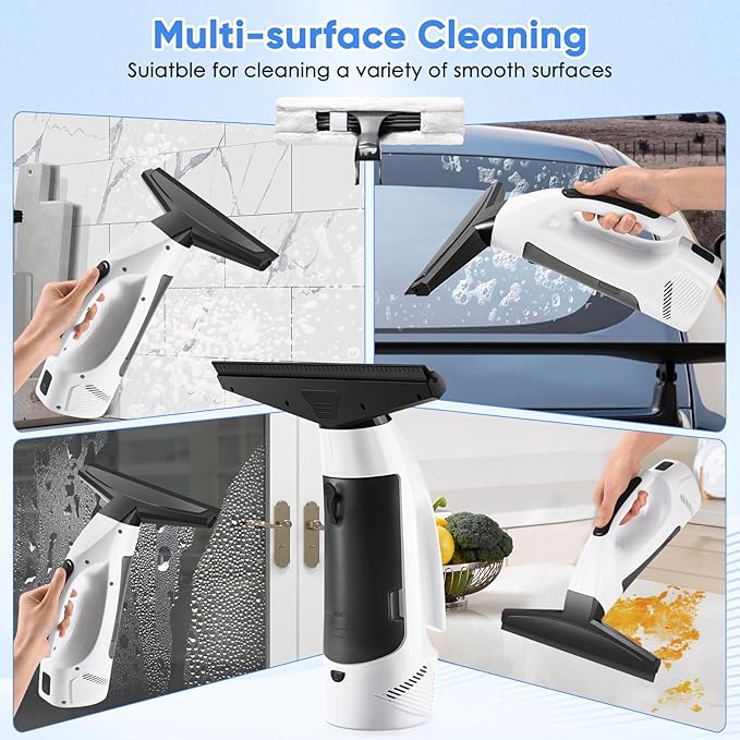 Window Vacuum Squeegee Cordless, Handheld Window Vac with Multi-Purpose Spray Bottle & Microfiber Cloth, Electric Cleaning Tool for Windows, Mirror, Countertop