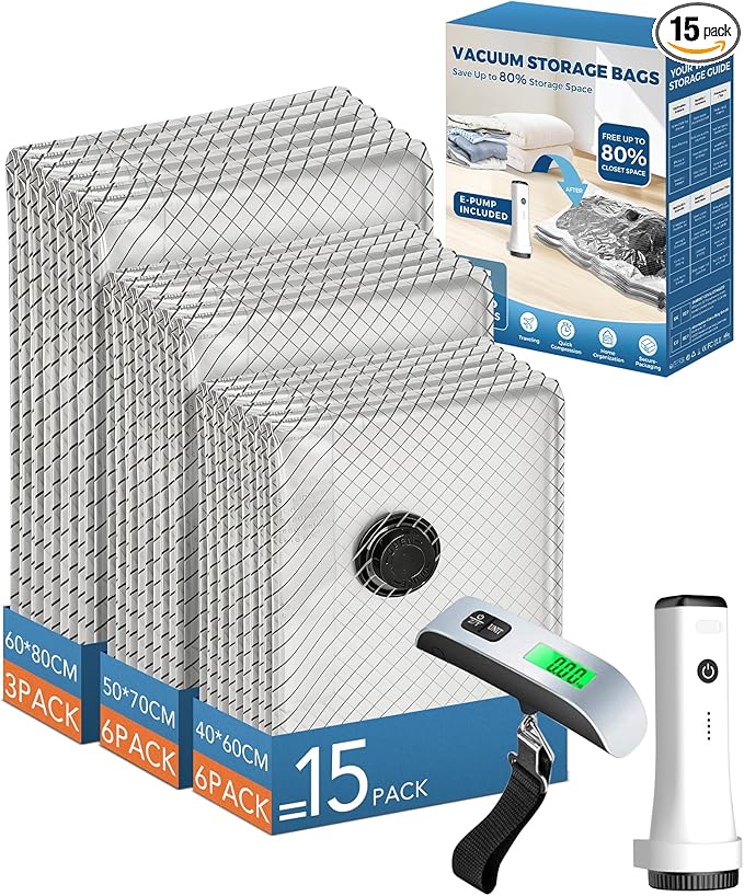 15 Pack Vacuum seal Bags for Clothing Travel with -60000Pa Electric Pump & Luggage Scale, Travel Essentials for Suitcase, Space Saver Compression Packing Bags to Check Luggage Weight & Avoid Fees
