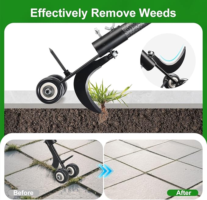 Crack Weeder with Wheels 6.5FT Metal Crevice Weeding Tool with Adjustable Long Handle Saves Back & Knee Manual Weed Remover for Paver Deck Patio Driveway Sidewalk Garden
