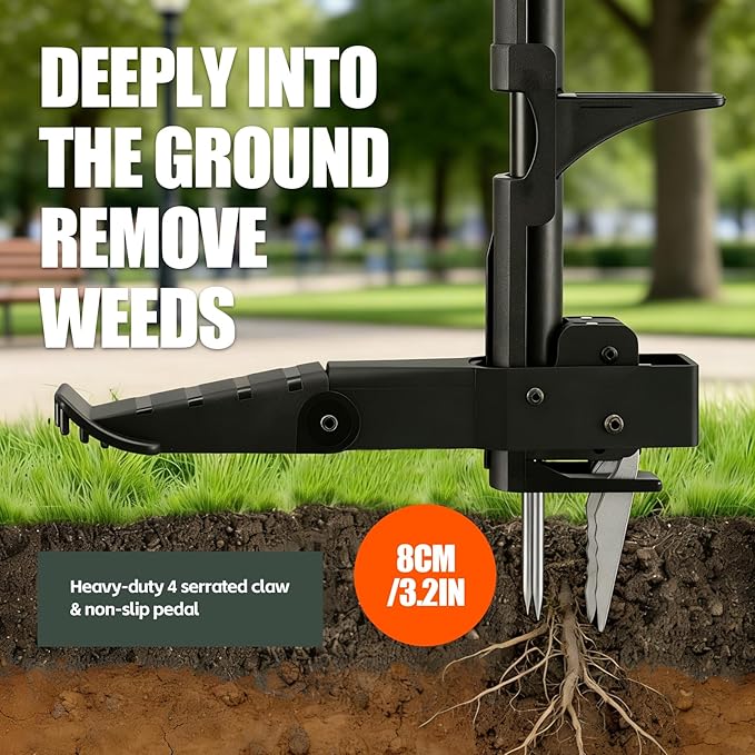 Weed Puller, 4-Claw Stand Up Weed Puller Tool with Long Handle & Steel Head, 41" Adjustable T-Handle Weeder Tool, Easily Remove Weeds Root Without Bending, Pulling, or Kneeling