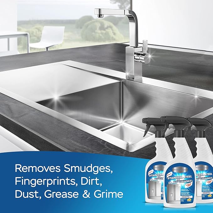 Wonderson 2-In-1 Stainless Steel & Glass Cleaner 16 Ounces - For Use On Appliances, Countertops, Sinks, Stovetops, Dishwashers, Windows, Bathrooms, Cars, & More!