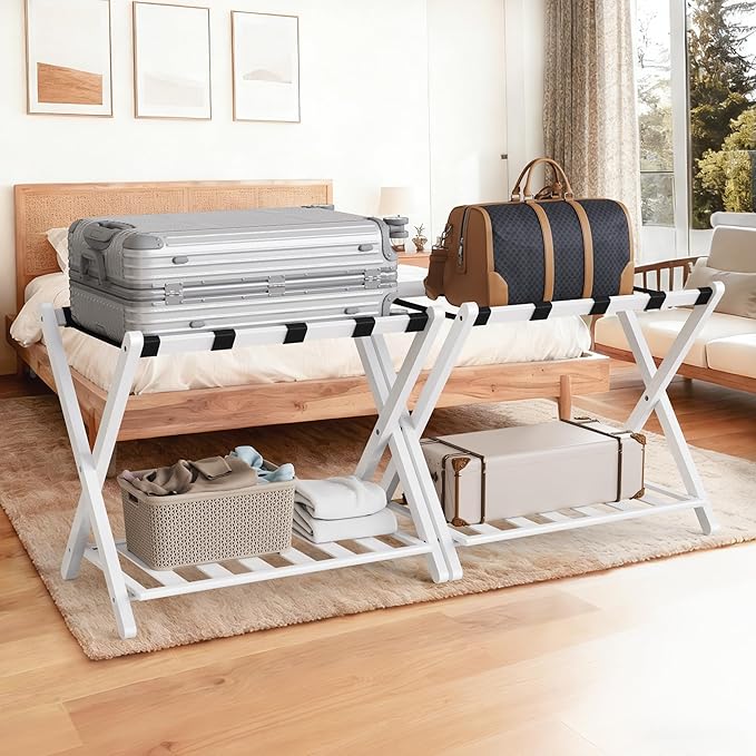White Luggage Racks Set of 2, Bamboo 26.77" Luggage Rack Stand for Guest Room, 5 Nylon Straps, Foldable Suitcase Stand with Storage Shelf for Bedroom Hotel, Holds up to 165 Lbs
