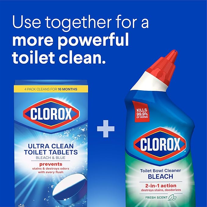 Clorox Ultra Clean Toilet Tablets Bleach & Blue, Rain Clean Scent 2.47 Ounces Each, 2 Count (Package May Vary)