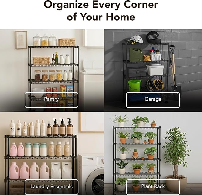 5 Tier Wire Shelving Unit Storage Rack, Metal Heavy Duty Utility Organizers, Organization Units for Products Plant Pantry, Garage, Laundry Racks Durable Shelf Stand,14"W x 30"L x 60"H, Black