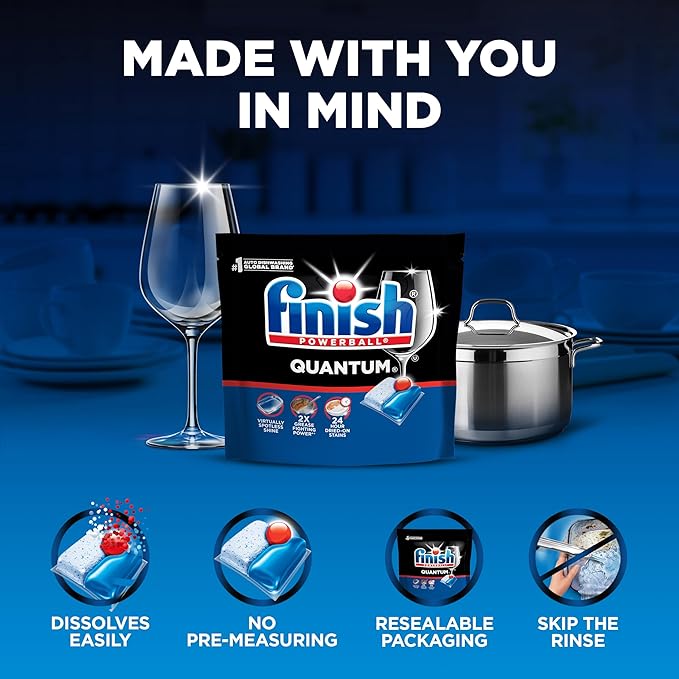 Finish Quantum Dishwasher Pods, No Pre-Rinse Dishwasher Detergent Soap Removes 24HR Dried-On Stain and Grease, Leaving a Virtually Spotless Shine, 57 Count
