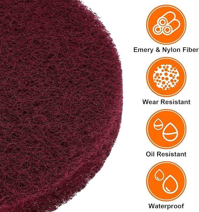 HARFINGTON 12pcs Scrubber Scouring Pads 400 Grits 5 Inch Drill Power Brush Hoop and Loop Surface Conditioning Disc Drill Scuffing Disc Scrub Pads for Home Kitchen Cleaning, Red