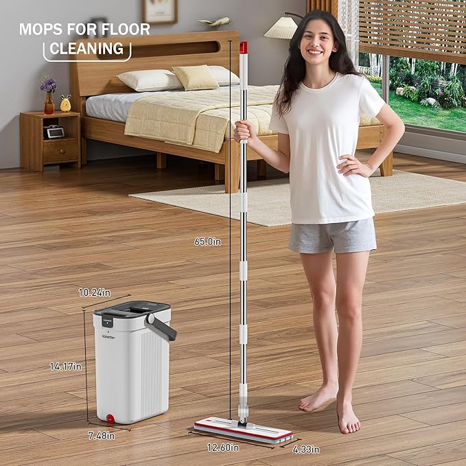 Mop and Bucket Set, Flat Mop and Bucket System with Separate Dirty and Clean Water, 3-Compartment Wall Cleaner Mop, Flat Mops for Floor Cleaning with 6 Microfiber Pads