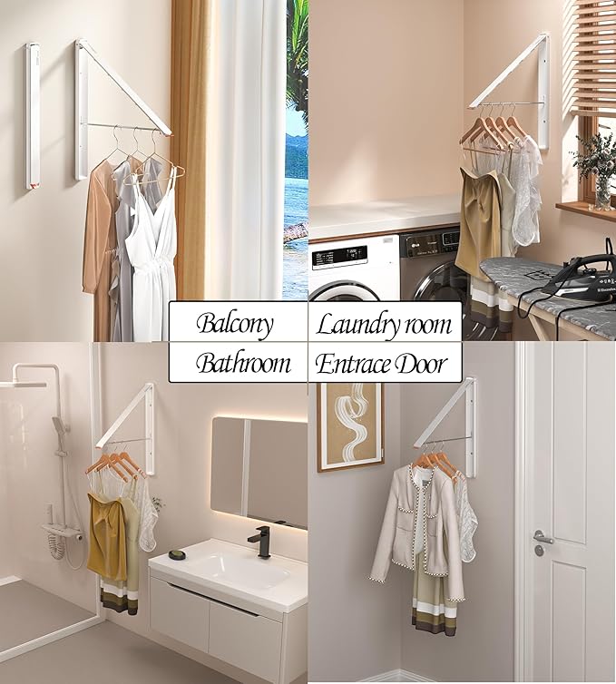 Dr.DJ Clothes Drying Rack, Wall-Mounted Retractable & Foldable Clothes Hanger for Laundry Room Organization and Storage, Clothes Hanger Rack for Dorm, Closet, Balcony(1 Pack, White)