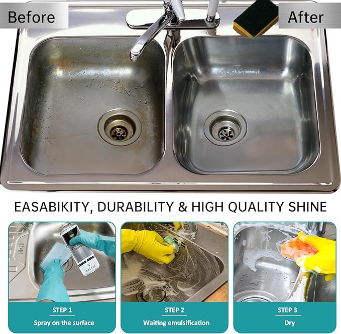 Stainless Steel Cleaner Spray, Sink Cleaner, Kitchen Appliance Cleaner, Fingerprint and Residue Remover for Kitchen Appliance, Refrigerator, Sink and Microwave(Pack of 2)