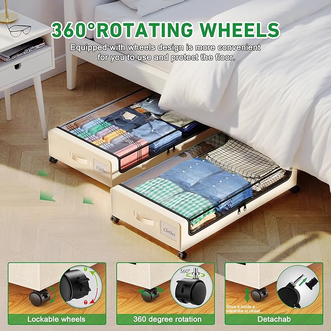Beborxue Under Bed Storage with Wheels, 4-Pack Under Bed Storage Containers with Clear Lids, XXL 60L Under Bed Shoe Storage Organizer, Rolling Underbed Storage for Clothes, Shoes, Blankets (Beige)