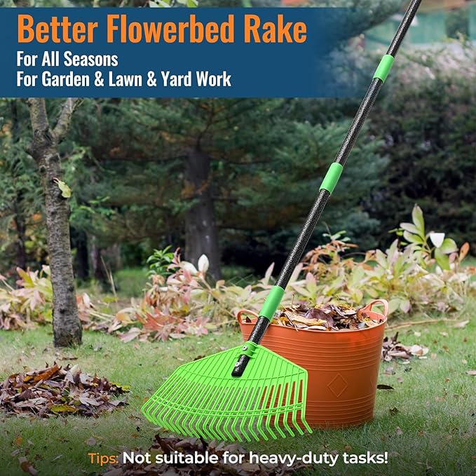 Garden Leaf Rake, 44" Long Handle Prevents Bending, 16.5" Flexible Head, Lightweight & Gentle on Grass, Ideal for Leaf Collection Around Bushes, Flowers and Lawns