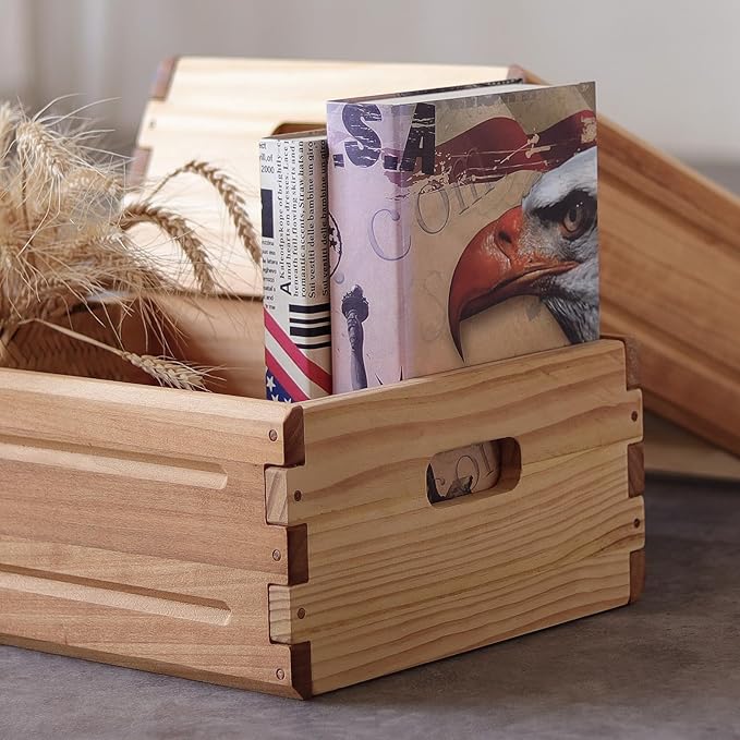 4 Pack Wooden Storage Bins of 16"x12"x6.25".Durable Open Solid Wood Box w/ Handles.Farmhouse Container Shelf Baskets. Multipurpose Home Décor Organizer Crates for Display,Pantry,Book,CD