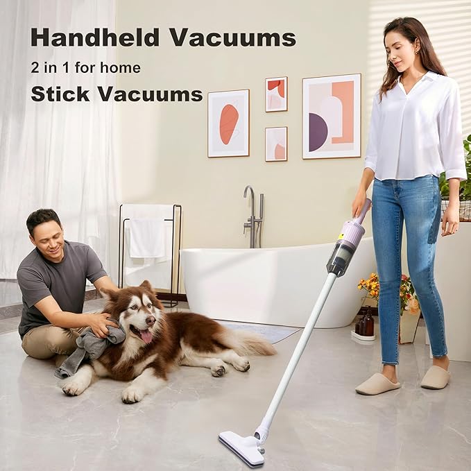 6-in-1 Rechargeable Household Stick Vacuum Cleaner, Convertible to Handheld, for All Kinds of Cleaning in Your Home on Hard Floors, Upholstery, Sofas, Cars (Pink)