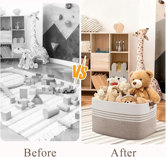 45L Small Laundry Basket with Leather Handles for Living Room Storage, Woven Rope Baskets Bin for Blanket, Kids Toy, Gifts, Wicker Hamper for Bedroom Dirty Clothes, 18"x14"x11" White Brown