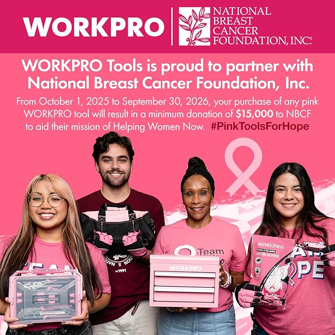 WORKPRO Pink Cordless Drill Set, 8V Impact Drill Driver with 53pcs Bit Set, 2.0Ah Electric Power Drill Kit with 3/8" Keyless Chuck and Variable Speed Trigger, Portable for DIY- Pink Ribbon