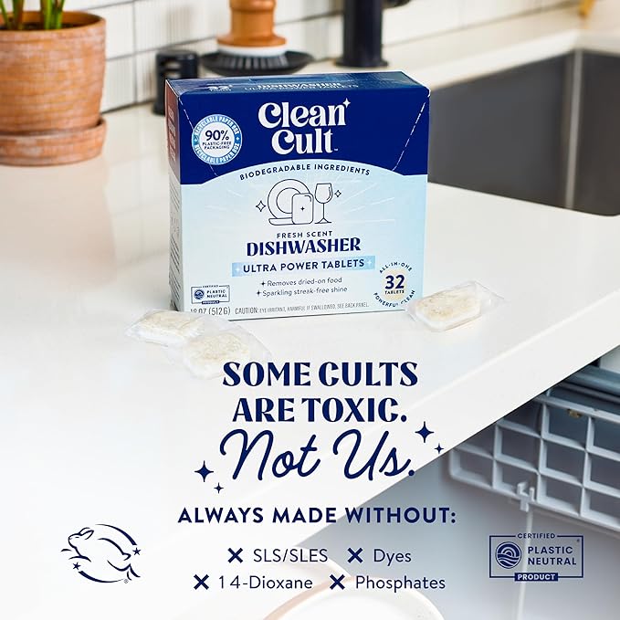 Cleancult Ultra Power Dishwasher Detergent Pods for Sparkling Streak-Free Shine, All-In-One, No Plastic Waste, 64 Count