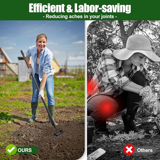 2-in-1 Garden Hoe Tool, Adjustable Length from 37 to 60inch, Ergonomic Design for Weeding and Raking, Durable and Rust-Proof Blade, Save Time and Effort
