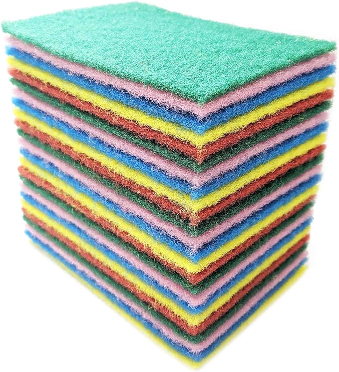 Bundaloo 24 Pack Scouring Pads Scrubbers Set in Red, Yellow, Pink, Green and Blue - Multipurpose, Non Abrasive, Non Scratch - Synthetic Fiber Cleaning and Scouring Scrubs - 6x4 Inches…
