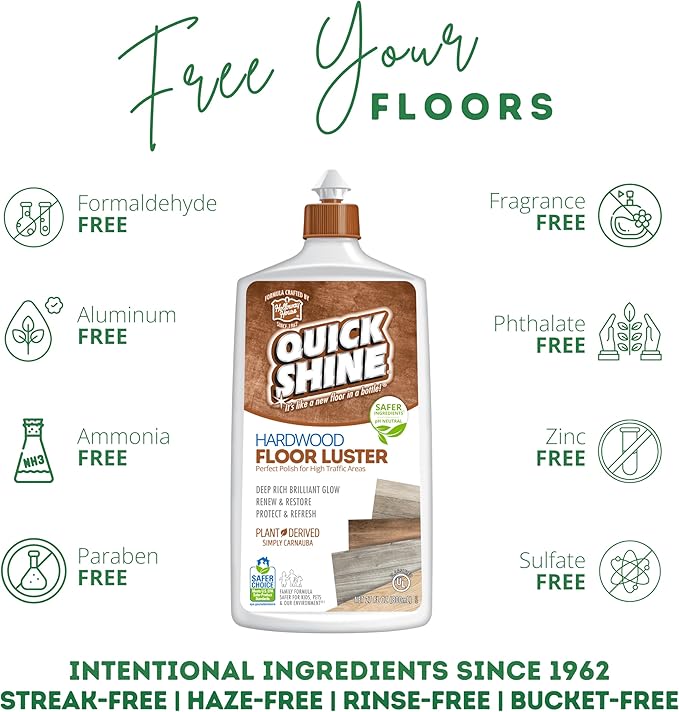 Quick Shine Hardwood Floor Cleaner & Wood Floor Polish w/Plant-Derived Carnauba 2-27oz Bottles, Removes Scratches, Safer Choice, A Clean That Can Be Seen