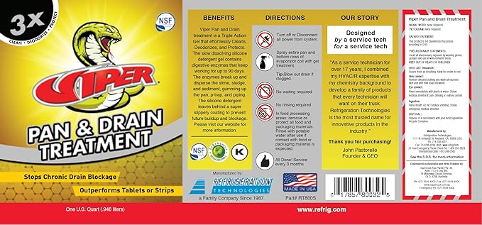 Refrigeration Technologies Viper Pan & Drain Treatment 1 Qt RT800S or 1 Gal RT800G Yellow (1 Quart, 2)