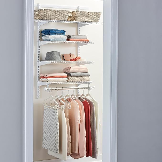 Rubbermaid Configurations Deluxe Custom Closet Kit 3-6 Ft. Adjustable Metal Wire Shelving White Finish Expandable Organization System Hardware Included for Home Closet/Pantry/Laundry/Mudroom