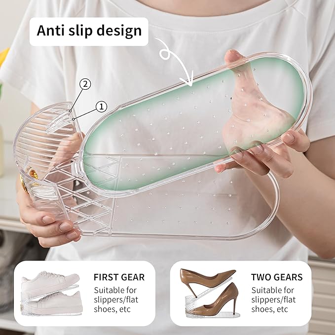 Shoe Slot Organizer 10 Pack - Shoe Slots，Can Save 50% of Shoe Stackers Space，Adjustable Shoe Stacking Device, Double-Layer Design for Shoe Slots Organizer for Closet. (Clear, 10 Pack)
