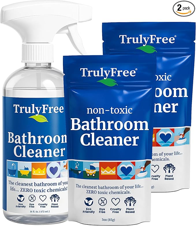 Truly Free All Natural Non-Toxic Bathroom Cleaner Spray, Organic Bath & Tile Cleaning Solution for Toilet, Sink, Tub & Shower, Refillable 2-Pack with 16oz Bottle + 2 Refill Pouches