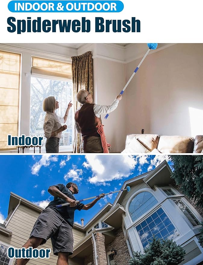 Cobweb Duster with Extension Pole, 8 ft Spider Web Brush for Outdoor House Cleaning, Cob Web Remover for High Ceilings Fans, Medium-Stiff Bristles Round Head, Steel Long Handle, Lightweight Cleaner