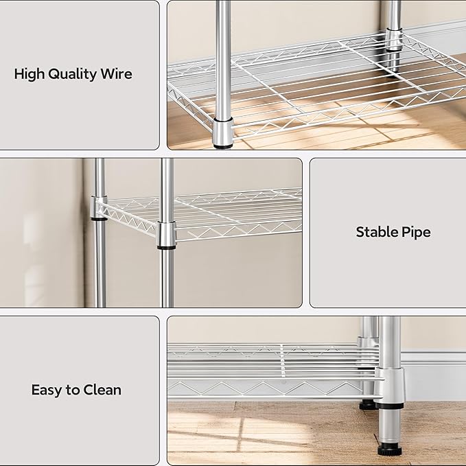M MZG 4 Tiers Shelf Metal Storage Shelves Wire Rack Closet Organizers with Wheel for Garage Kitchen Bathroom Laundry Chrome 11.8" D x 17.7" W x 41.9" H
