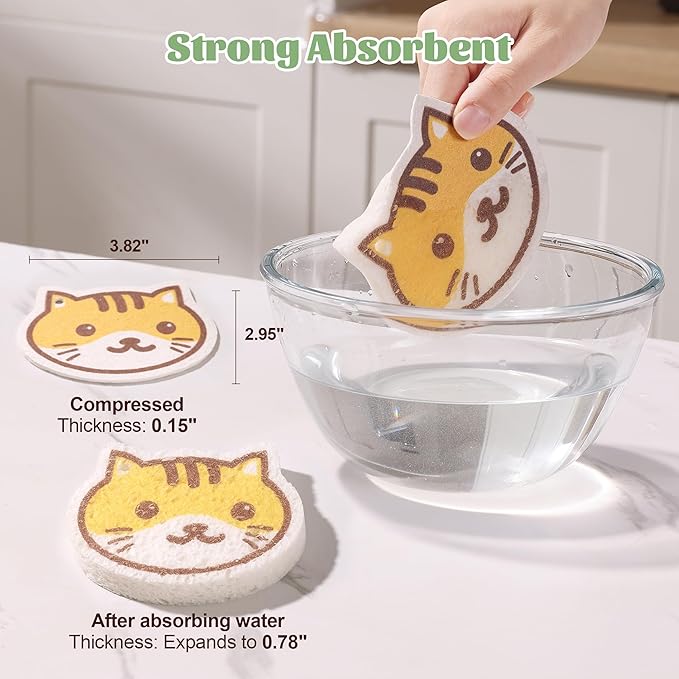 JOYMOOP Cartoon Kitchen Sponge, Cellulose Sponges for Cleaning, 4 Pack Non-Scratch Sponges for Dishes, Reusable Sponge for Household Cleaning - Kitten Pattern