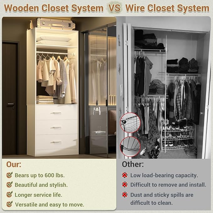 Besiost Closet System Set of 2, 4FT Closet Systems with 6 Wood Drawers, 48" Closet Organizer System with 2 Hanging Rods & 2 Shelves, Heavy Duty 48 Inch Walk-in Closet , White (48"L x 15" W x 80" H)