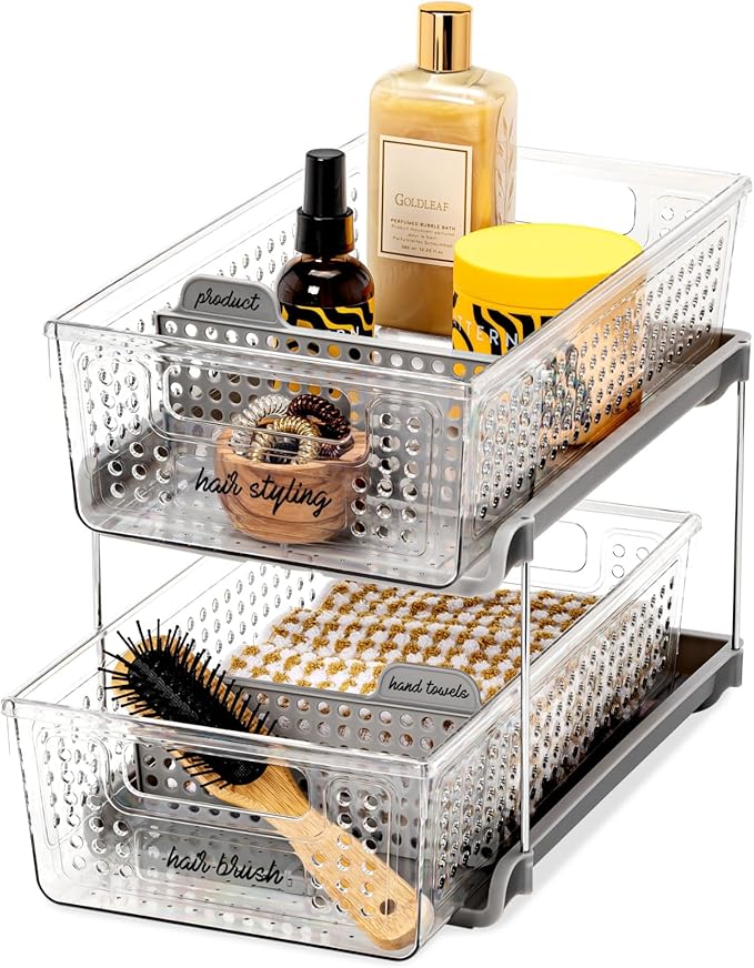 madesmart 2 Tier Organizer, Under Cabinet Storage with Pull Out Sliding Drawers, for Cleaning Supplies, Undersink, Sponges, Bottles & Bath, Adjustable Dividers & Pull Out Baskets, Grey