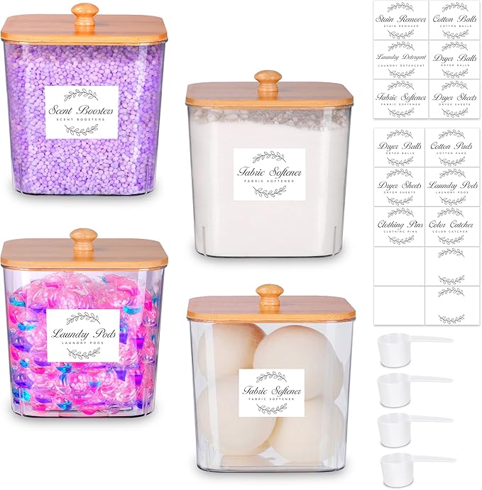 efluky 4 pack Laundry Pods Container & Dryer Sheet Holder Set,Clear Laundry Room Organization Containers with Bamboo Lids and Labels,Laundry Pods Holder for Scent Booster,Powder,Pod