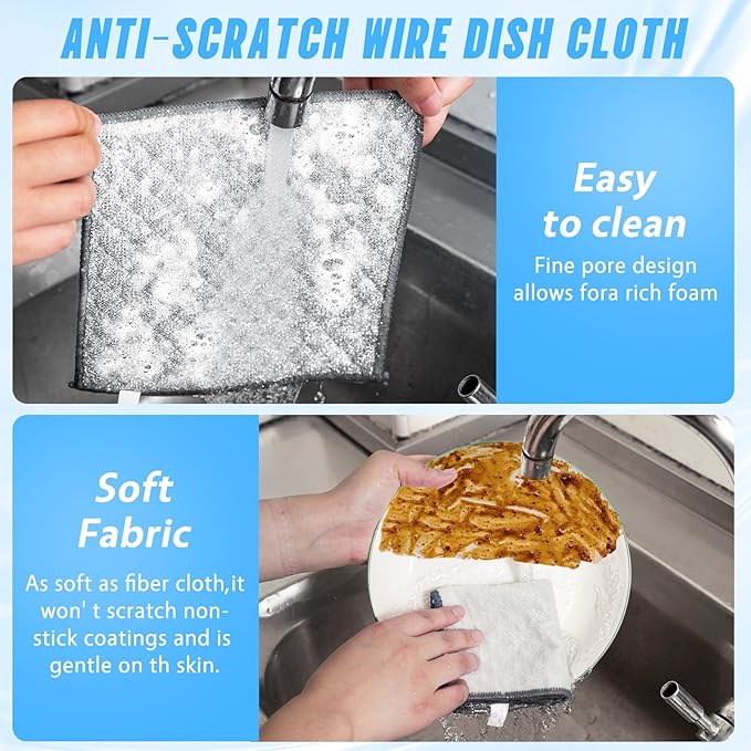 Wangjinpeng 8 PCS Four-Layer Non-Scratch Multipurpose Steel Wire Dishcloths - Reusable Quick-Dry Odor-Free Scrub Cloths for Dishes, Kitchen Cleaning Cloths for Cookware, Sinks, Stove Tops(7.87X7.87)