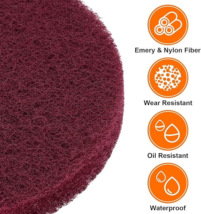 HARFINGTON 12pcs Scrubber Scouring Pads 500 Grits 4 Inch Drill Power Brush Hoop and Loop Surface Conditioning Disc Drill Scuffing Disc Scrub Pads for Home Kitchen Cleaning, Dark Red