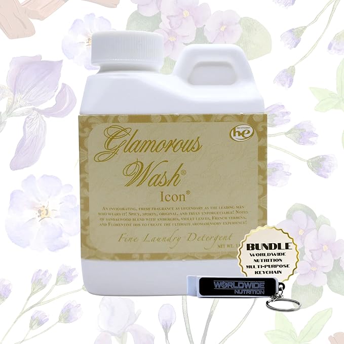 Worldwide Nutrition Bundle: Tyler Glamorous Wash Icon Scent Laundry Liquid Detergent - Luxury Liquid Laundry Detergent - 4 oz, 112-gram Container and Multi-Purpose Key Chain