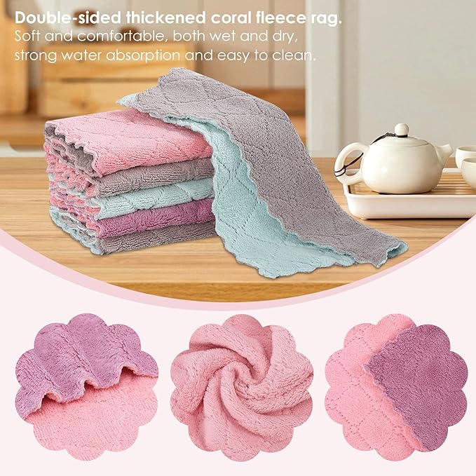 Rachan 11Pack Kitchen Dish Cloths, Reusable Dish Towels, Nonstick Oil Washable Fast Drying, Super Absorbent Coral Velvet Cleaning Cloths for Cleaning Tableware, Kitchen, Bathroom (Pink-green10 x 6")