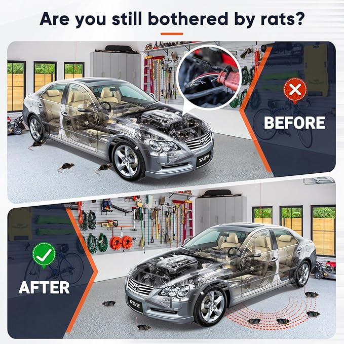 Ultrasonic Rodent Repellent for Car Engine, 1 Pack Mouse Repellent – Battery Powered Under Hood Mouse Repeller with Upgraded Flashing Strobe Light, Keep Mice Out of Car, RV, Garage, Room