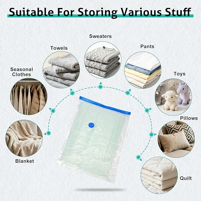 12 Pack Large Travel Vacuum Storage Bags, Portable Vacuum Seal Bags for Clothing Travel with Pump, Space Saver Bag for Luggage Suitcases Clothes Bedding Seasonal Storage