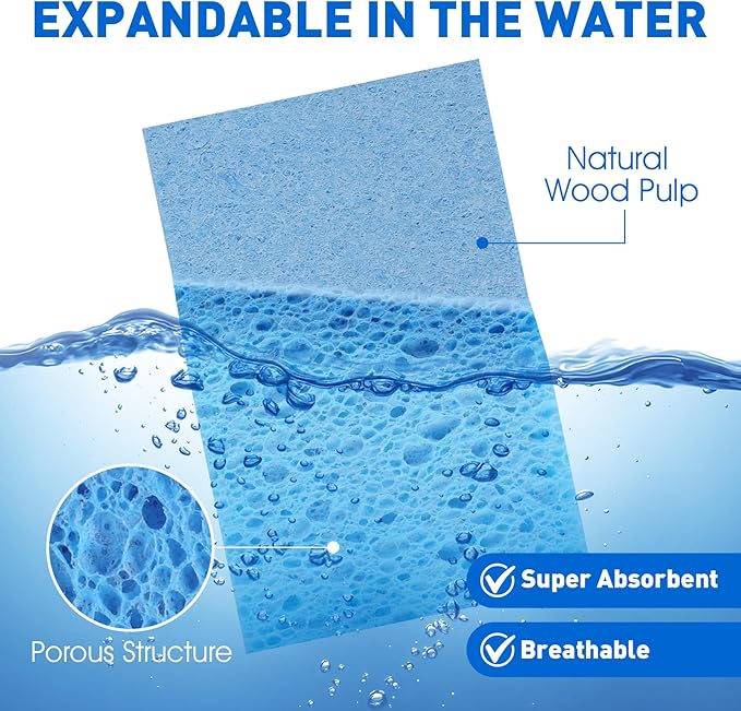24 Pack Compressed Cellulose Sponge, Non Scratch Kitchen Sponges for Dish Cleaning, Multipurpose Household Cleaning Sponge for Kitchens, Bathrooms, Cars