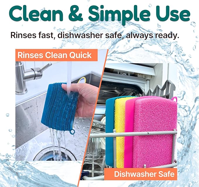 3-in-1 Silicone Scrubber Sponge with Squeegee – Non-Scratch Kitchen Sponge for Dishes, Sink & Bathroom, Quick-Dry, Reusable Cleaning Tool (Teal +Yellow)